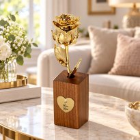 8" 24kt Gold Rose in Personalized Walnut Vase